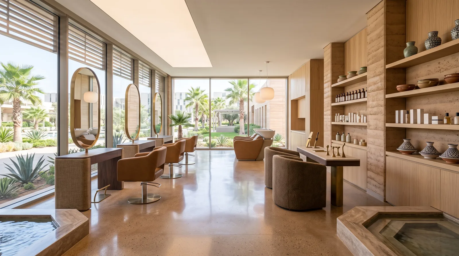 Intérieur d'un salon de coiffure/beauté moderne au Maroc, illustration du secteur Commerces locaux