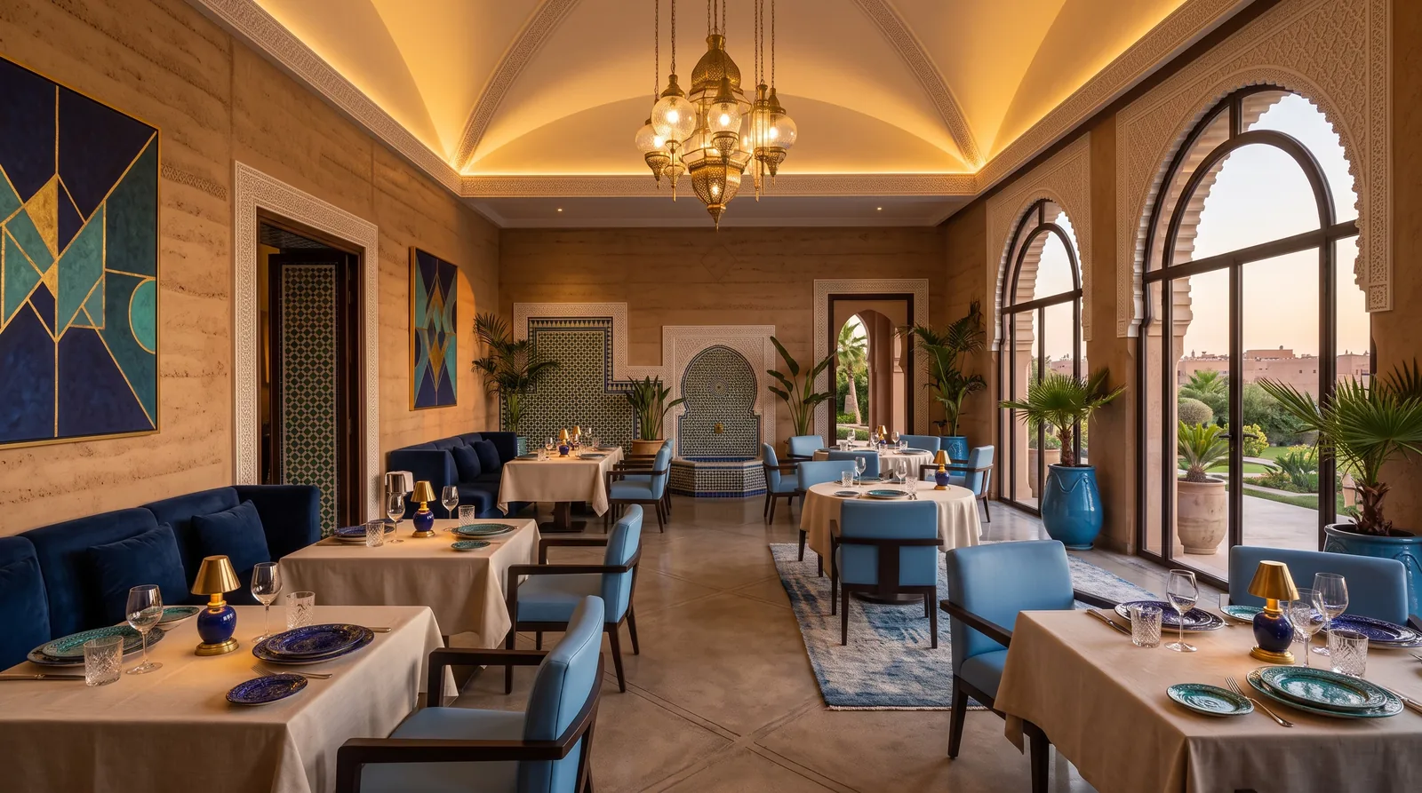Elegant, warmly lit restaurant dining room in Morocco, illustrating the Local Businesses sector