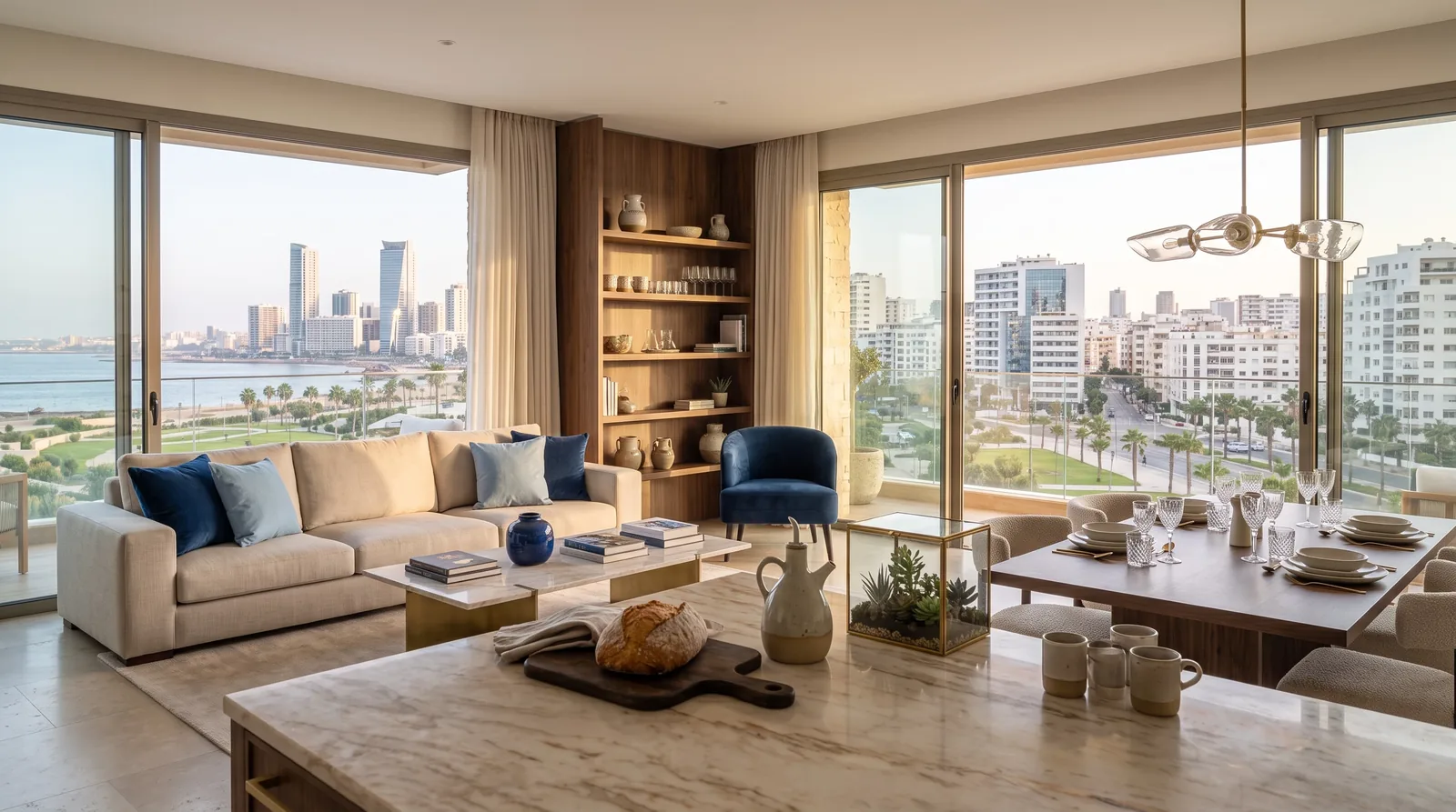 Spacious, light-filled living room of a modern Moroccan show apartment, illustrating the Real Estate sector