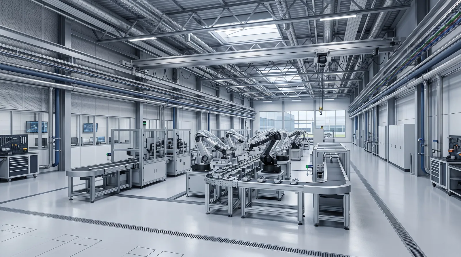 Modern, clean industrial production line, illustrating the Industries sector