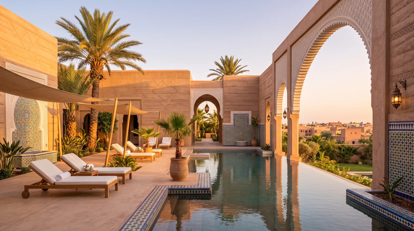 Riad-style pool and patio at sunset, illustrating the Hospitality & Tourism sector in Morocco