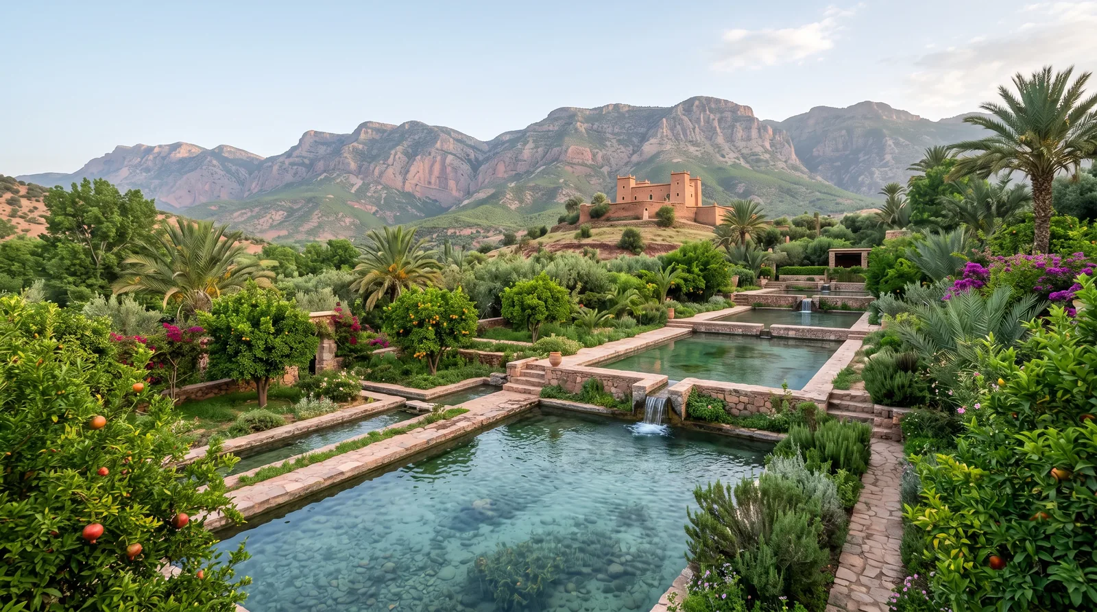 Bassins et jardins d'Ain Asserdoune près de Béni Mellal, contreforts du Moyen Atlas en arrière-plan