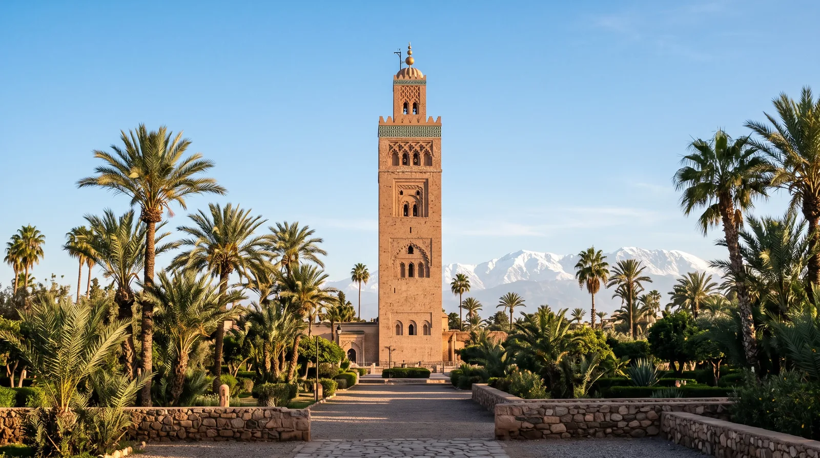 Minaret de la Koutoubia à Marrakech entouré de palmiers, montagnes de l'Atlas enneigées en arrière-plan