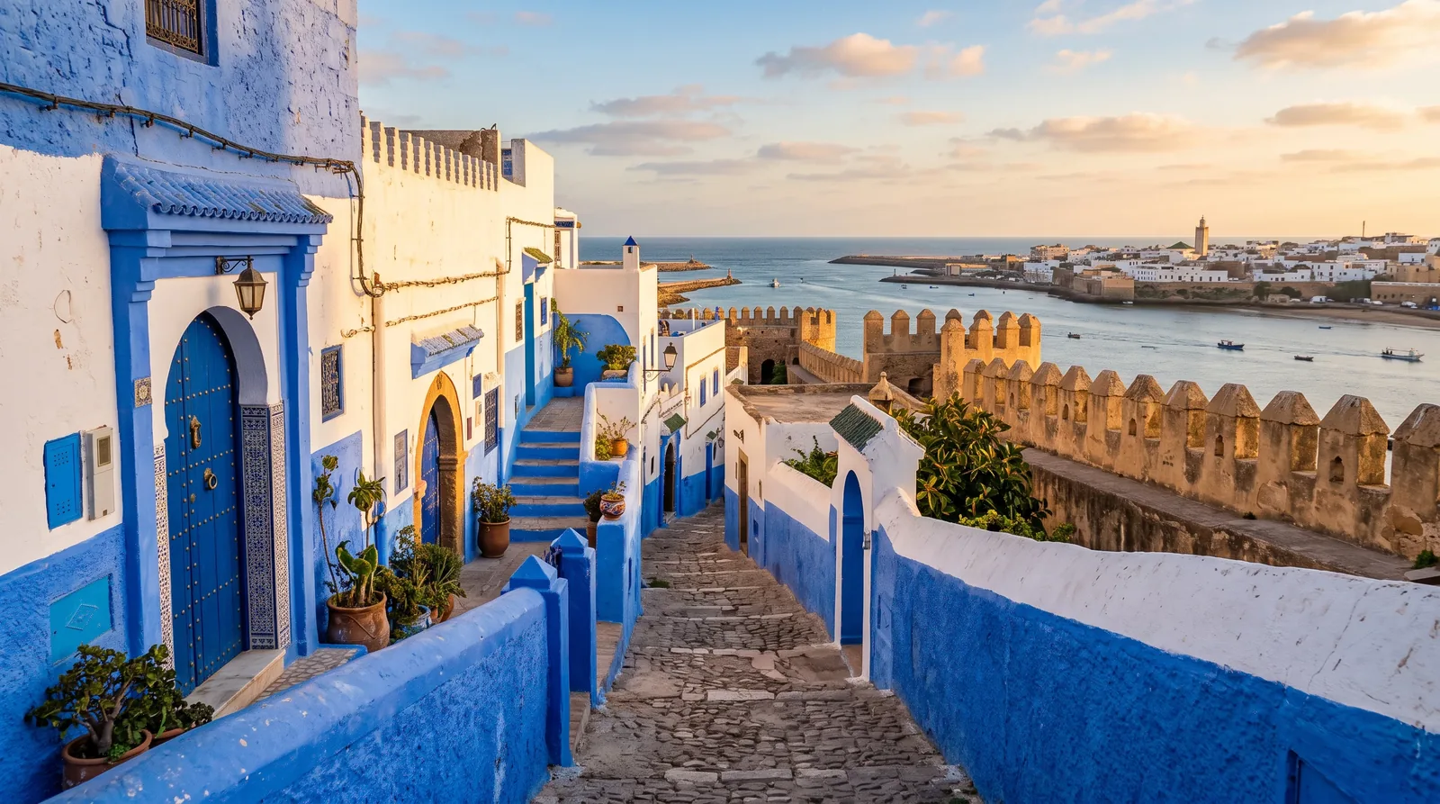 Ruelle bleue et blanche de la Kasbah des Oudayas à Rabat, avec vue sur l'embouchure du Bouregreg