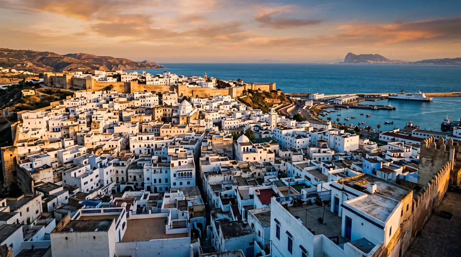 Vue aérienne de la médina blanche de Tanger surplombant le détroit de Gibraltar