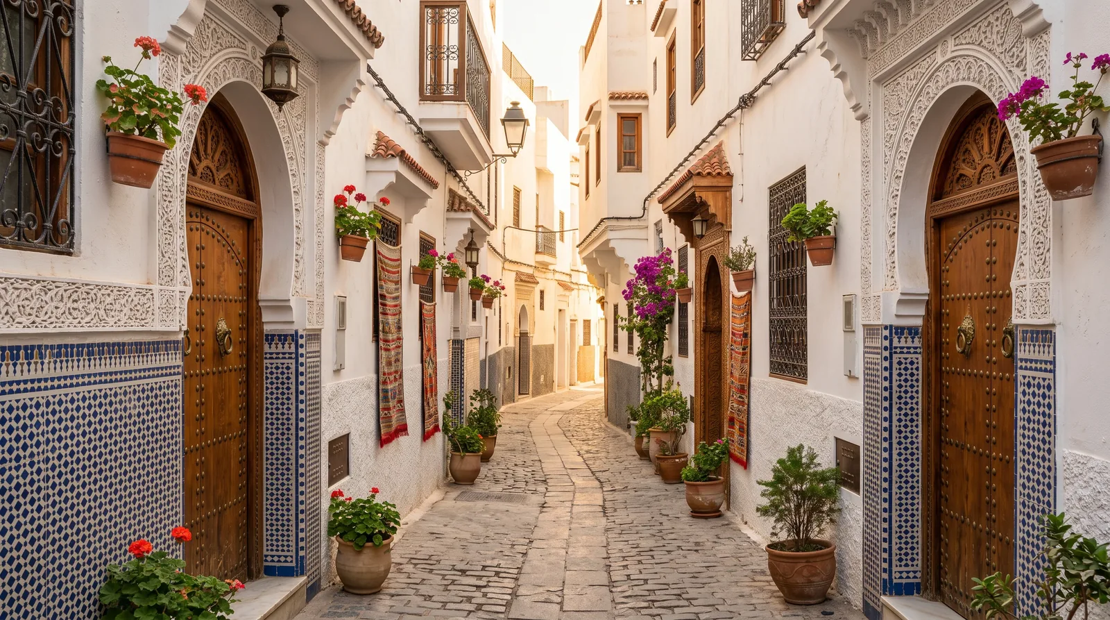 Ruelle fleurie de la médina de Tétouan, patrimoine architectural andalou-marocain